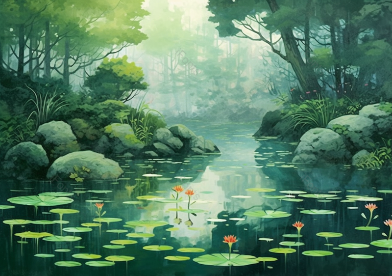 古风国风水墨山水池塘树林睡莲荷花朦胧绿色唯美插画背景,插画/手绘图,插画/手绘图库,插画/手绘图下载,插画/手绘